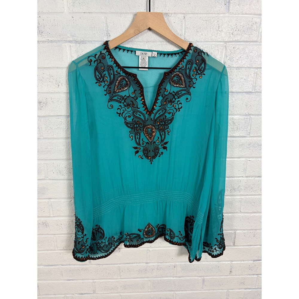 Cache Embroidered Tunic Blouse Womens M Turquoise Silk Beaded Sequin Boho